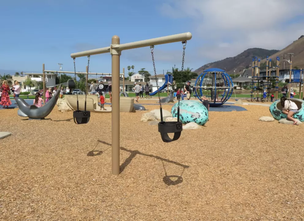 Baby swings in the middle of the fun.