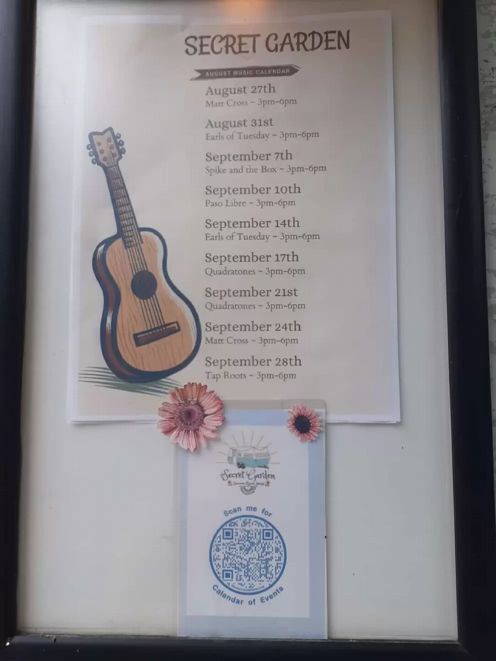 Live music flyer at the Secret Garden. Some Sundays and Thursdays 3-6pm!