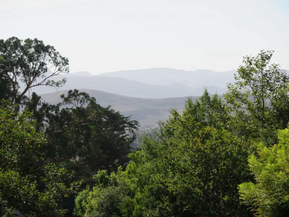 View of many layers of mountains, from the street nearby. 