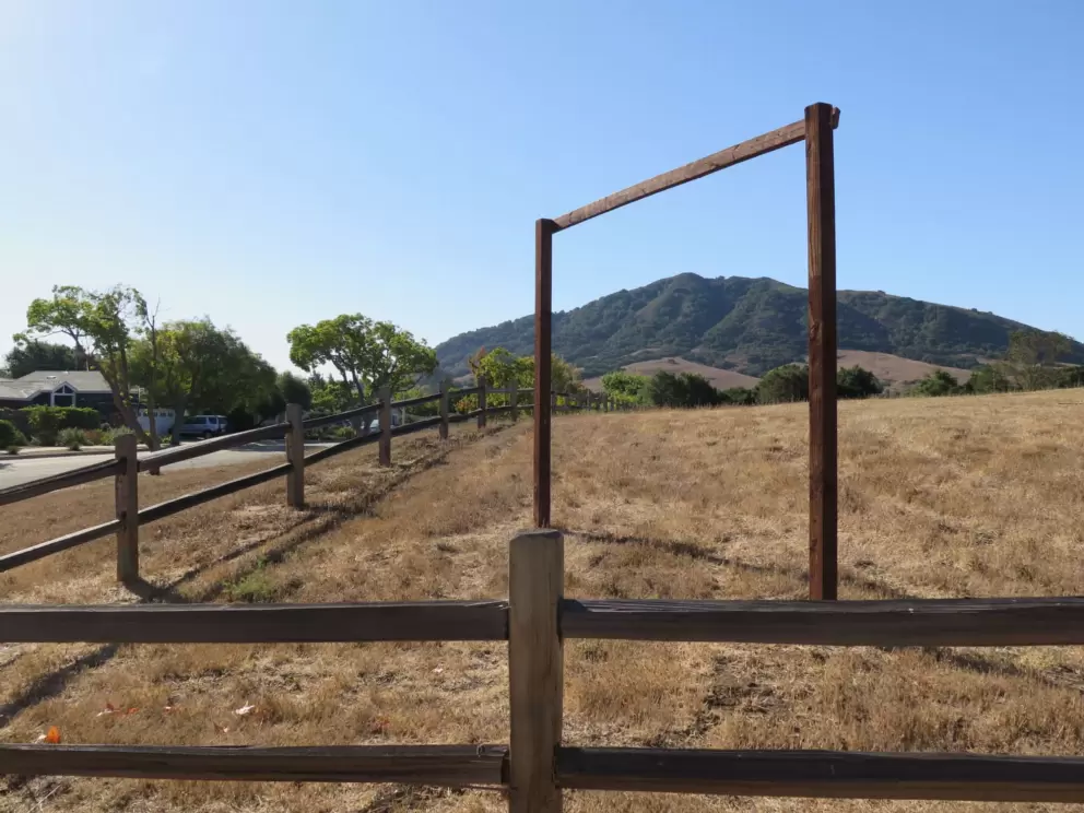 Wooden arch at open land on Jeffrey Drive. 