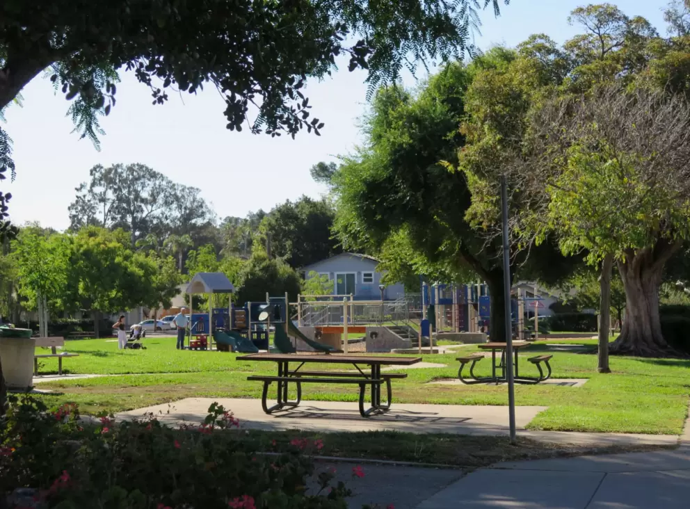 Picnic tables at Throop Park. 