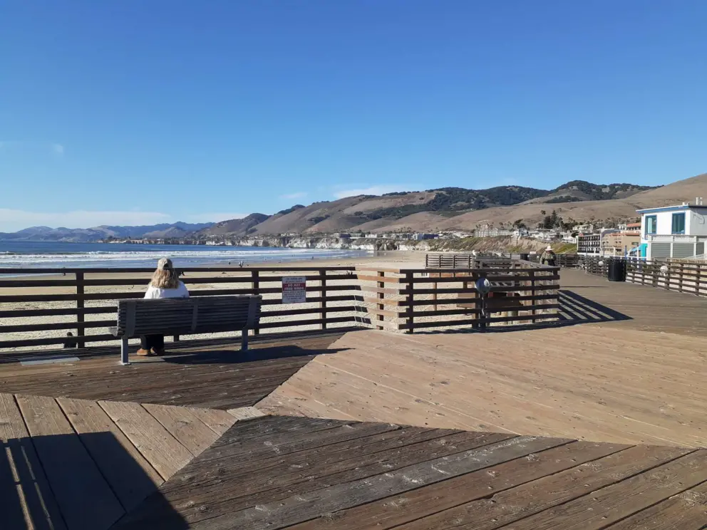 Sitting on a bench watching the happy scene at the pier. 