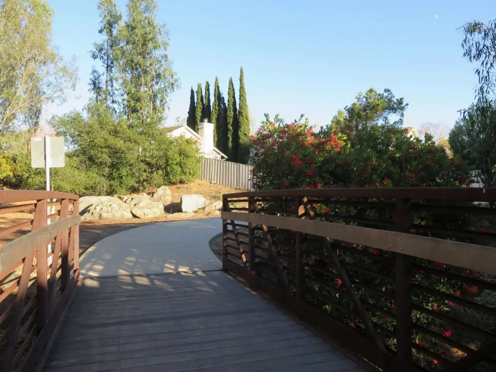 A pedestrian bridge and Italian cypress trees. 