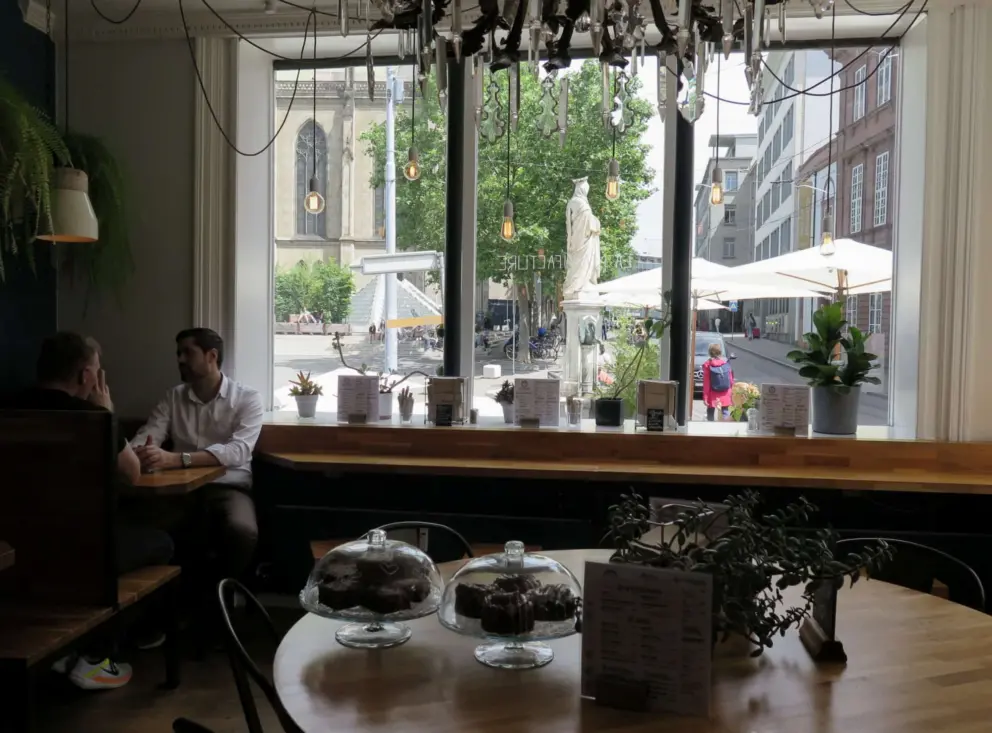 Inside La Manufacture Cafe Elisabethen, atop the square. 