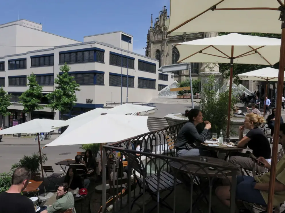 The terraced outdoor seating at La Manufacture Elisabethen. 