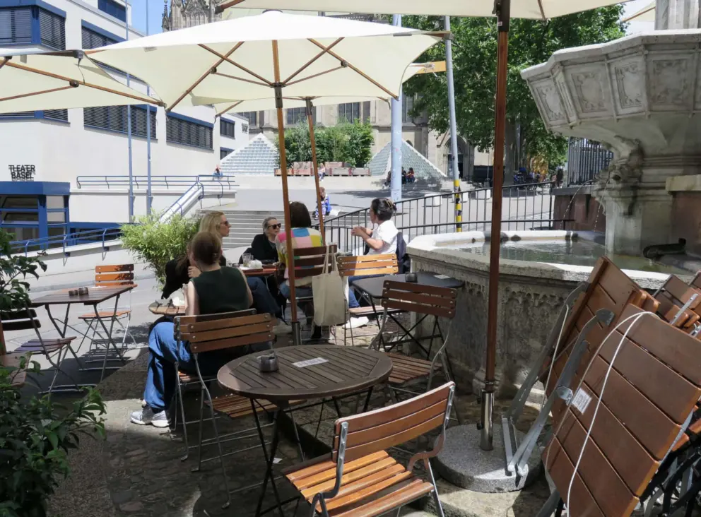 Seating around a fountain at Elisabethen.