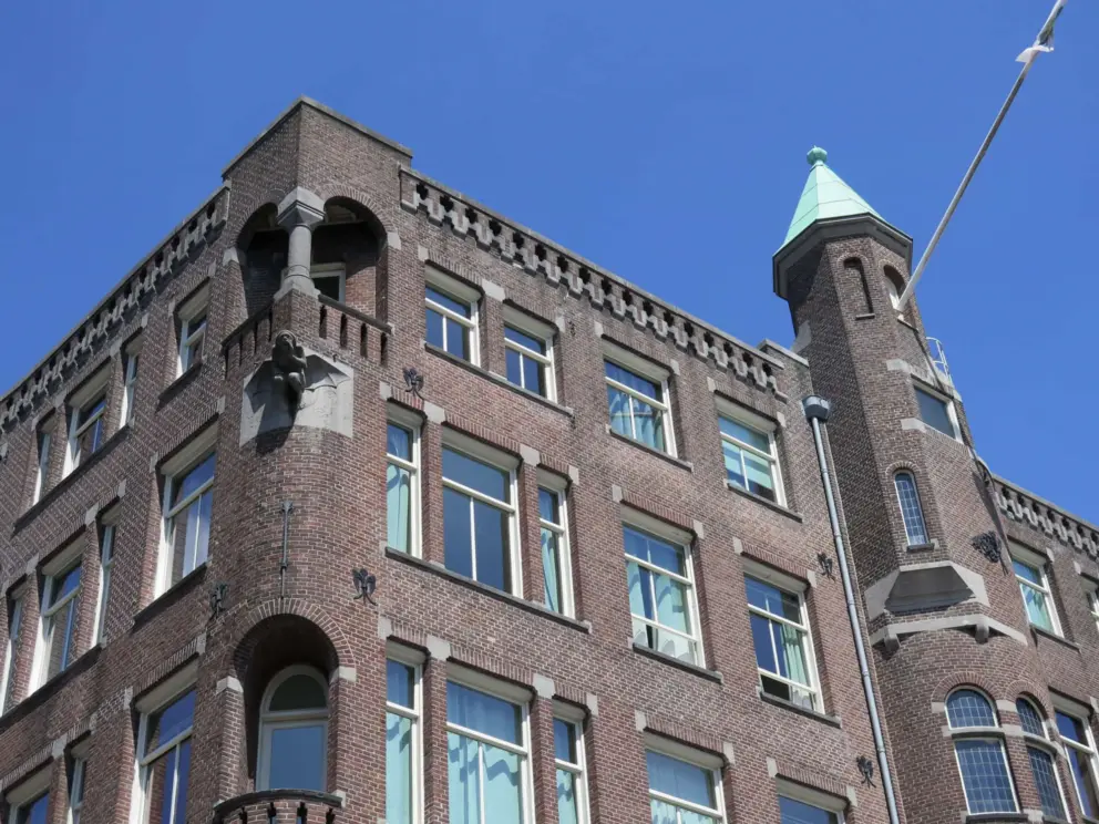 Turret on a brick building. 