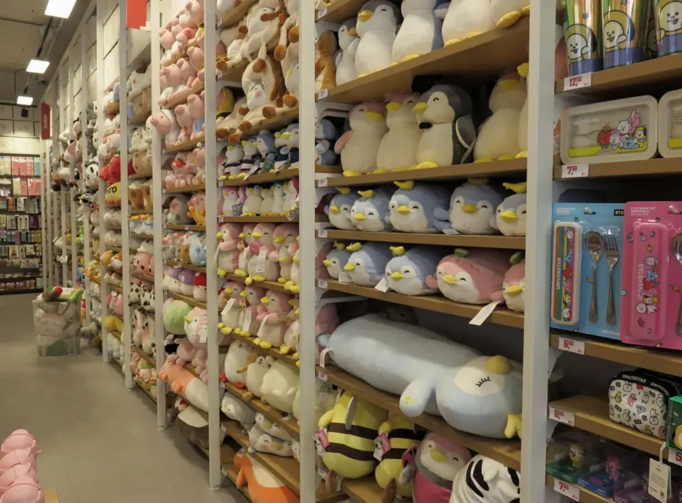 Miniso Japanese store with squishmallow stuffed animals, on Leidsestraat, a shopping street. 