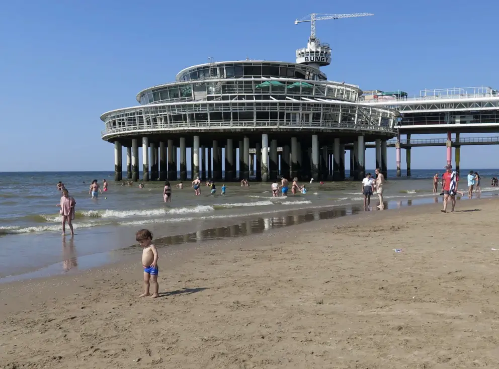 A toddler stands at the shore with the pier behind. 