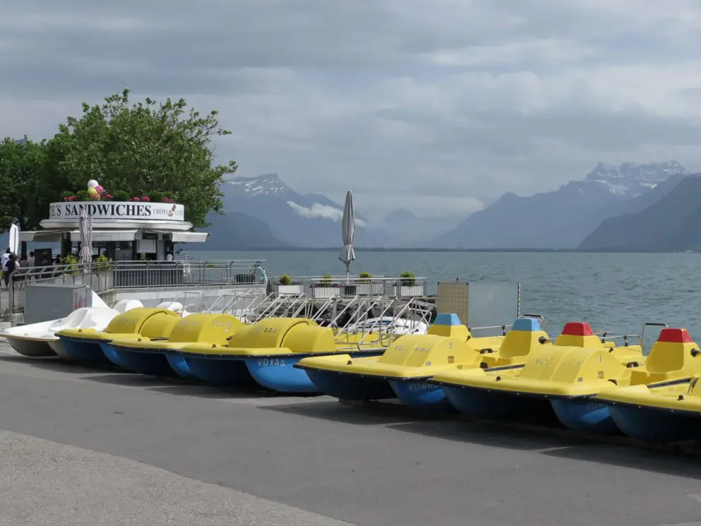 Pedal boats and mountain views. 