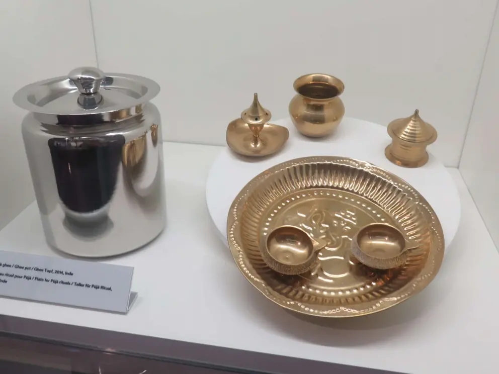 Ghee pot and plate for Puja rituals, from India. 