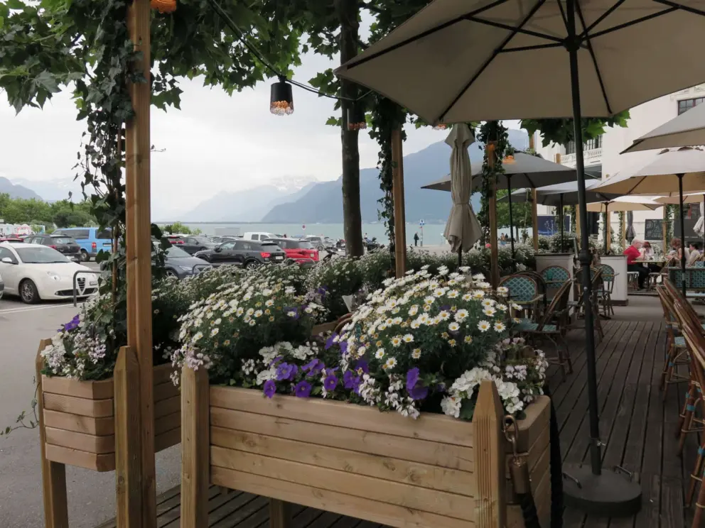 Flowers outside a cafe called Bla Bla Vevey. 