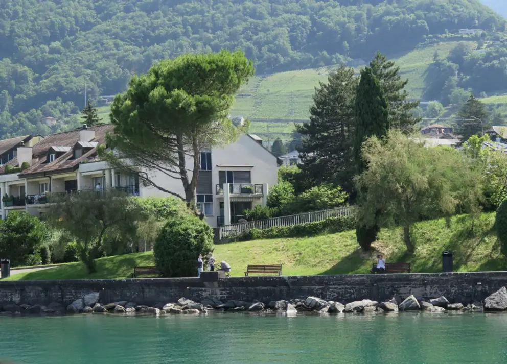 View of Villeneuve and its gorgeous green water, from the ferry.
