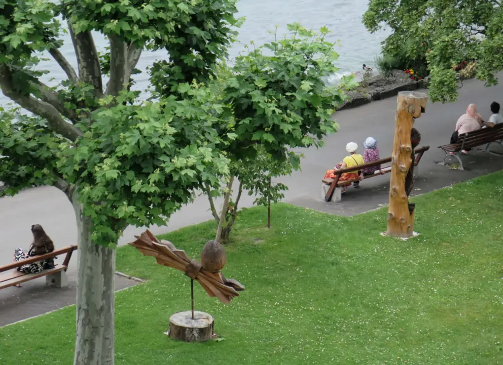Sitting on benches by the waterfront. 