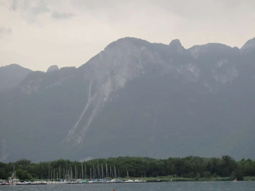 The mountains rising high above Parc de l'Ouchettaz. 