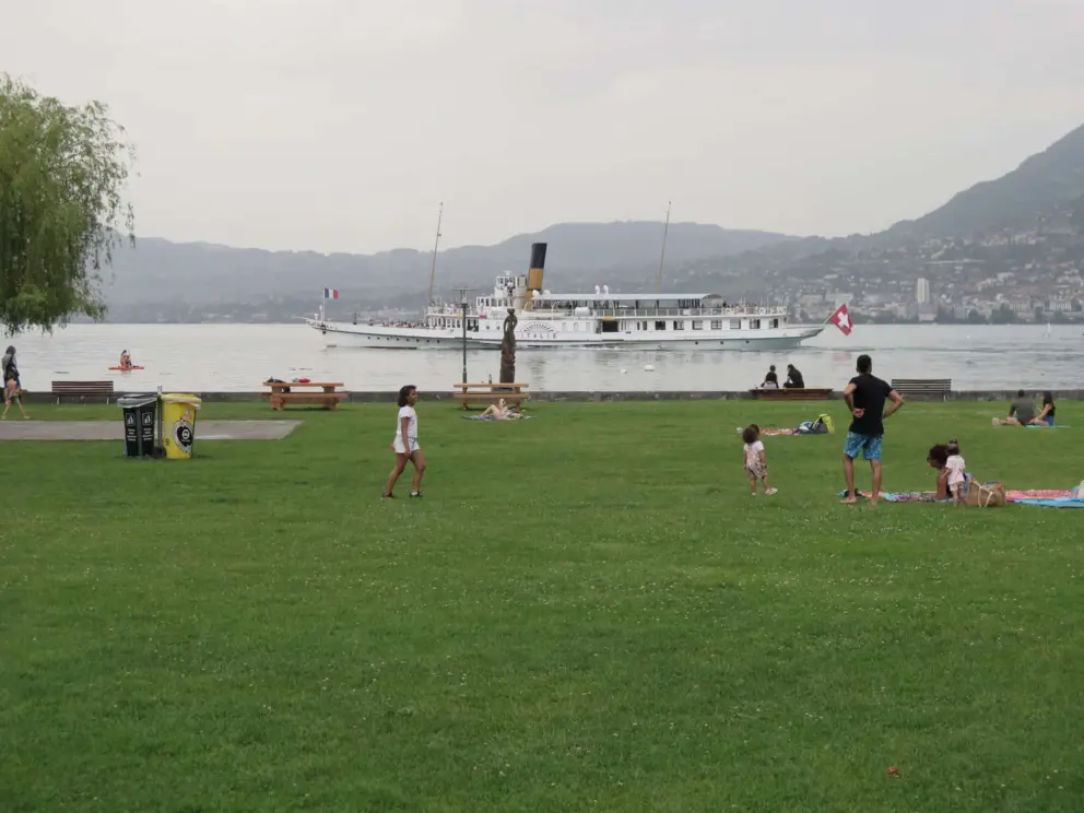 Playing on the lawn and watching the ferry too. 