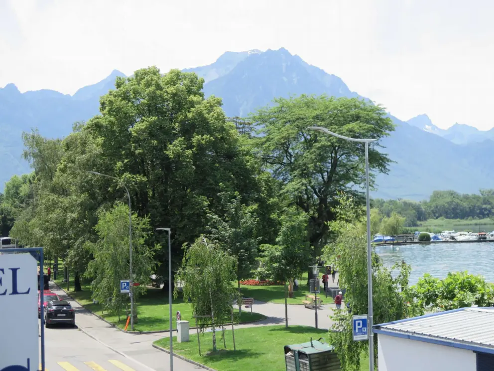 Looking toward Parc de l'Ouchettaz, from Hotel du Port. 