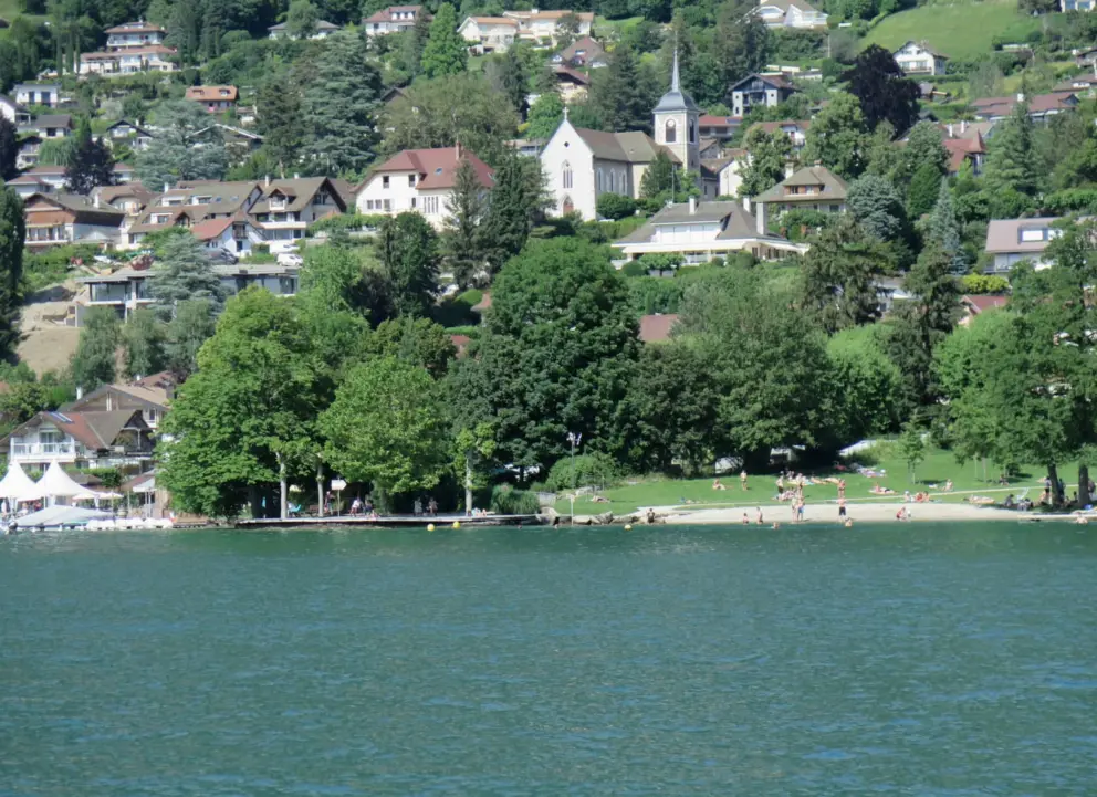 The church steeple and beach, at Veyrier-du-Lac. 