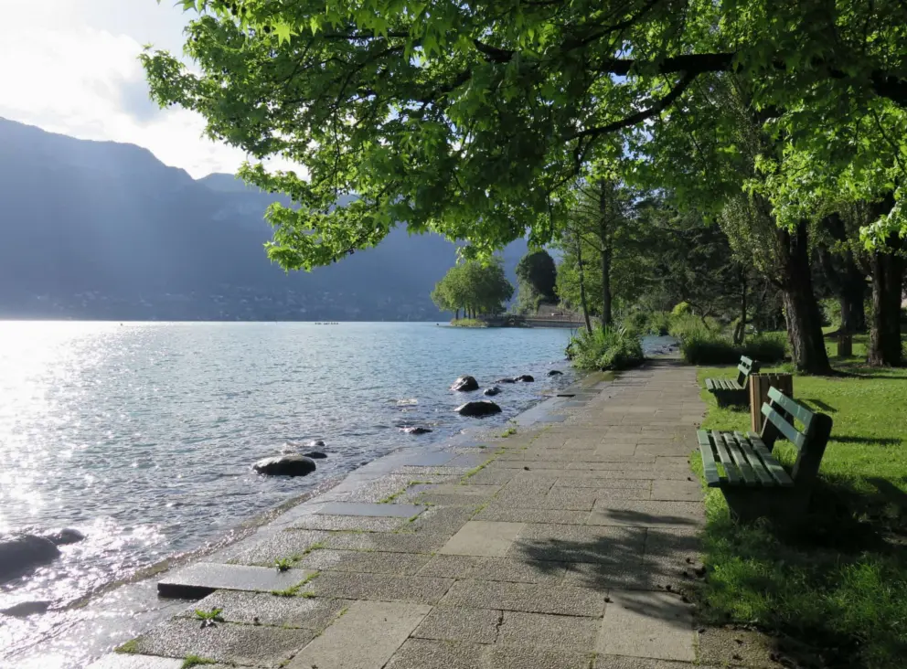Benches with views of the lake and mountains. 