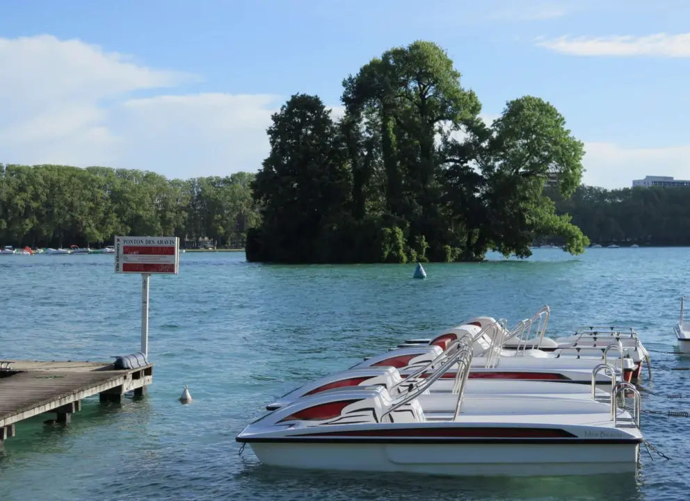 Little boats at a dock, with swan island in the distance. 
