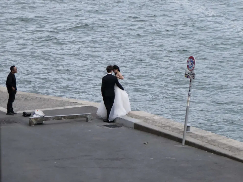 Bride and groom at Port Debilly, across the water from the Eiffel Tower. 