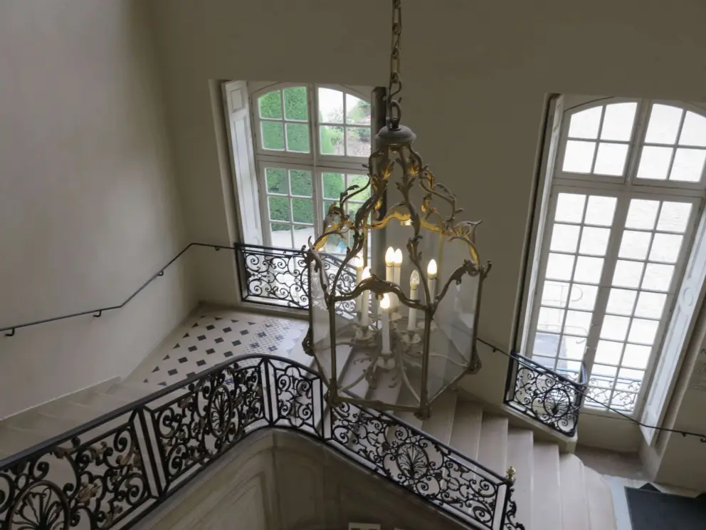 Chandelier and windows looking out on greenery.