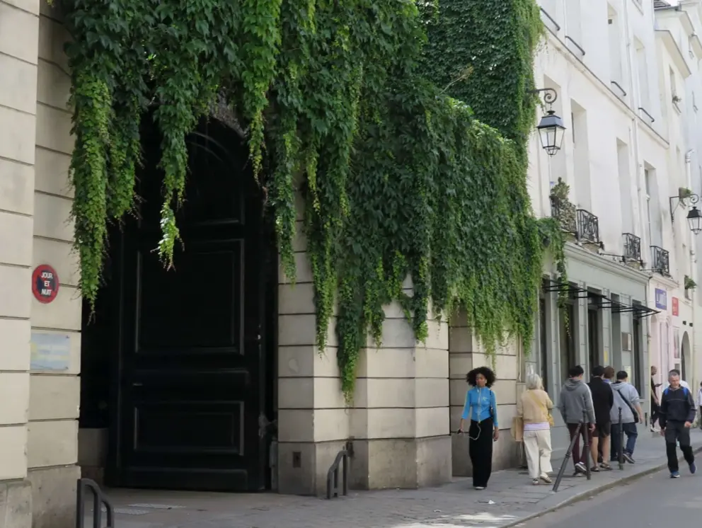 Greenery on a wall, and a lady with great hair!