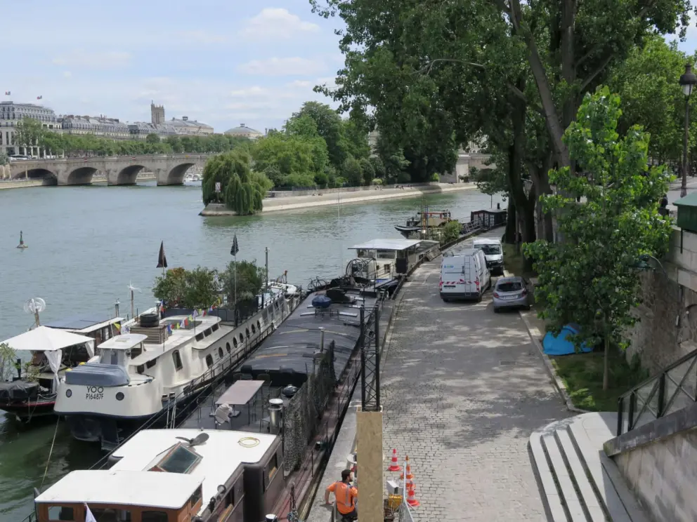 View of Square du Vert-Galant on the island, Ile de la Cite, and Pont Neuf. 