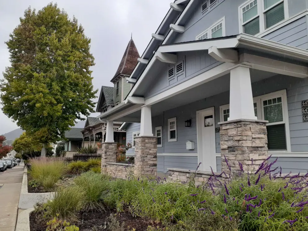 Blue Craftsman home on Pismo Street. 
