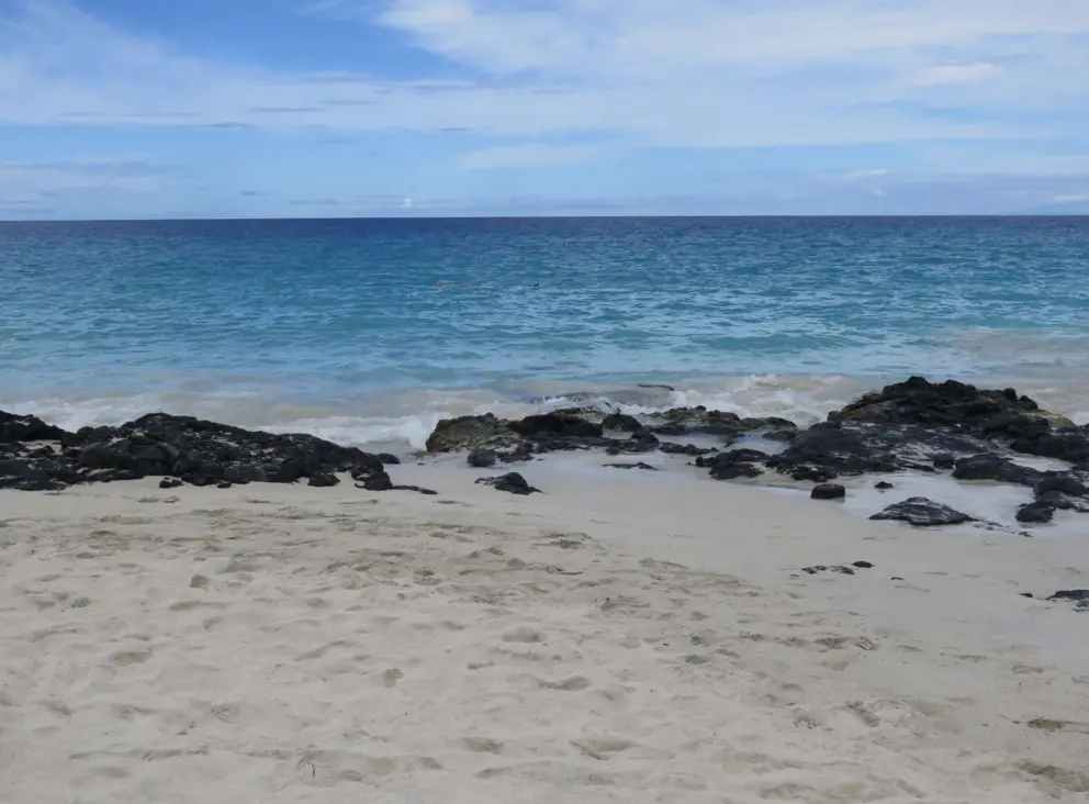 The white sand, black rocks, blue-green water, and blue sky!