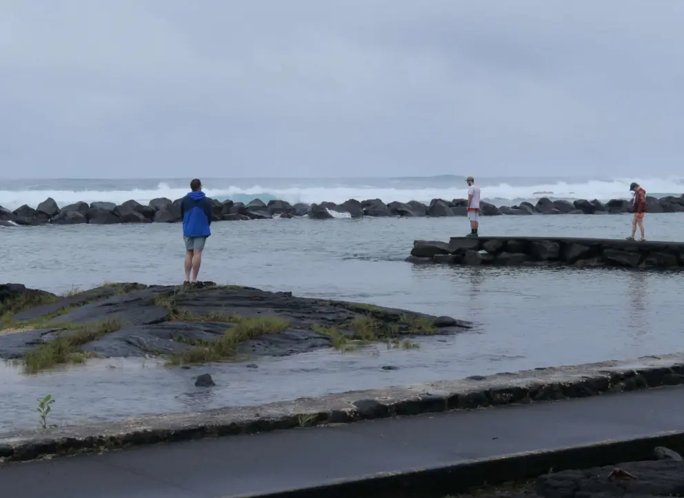 People stand at the old fishpond.
