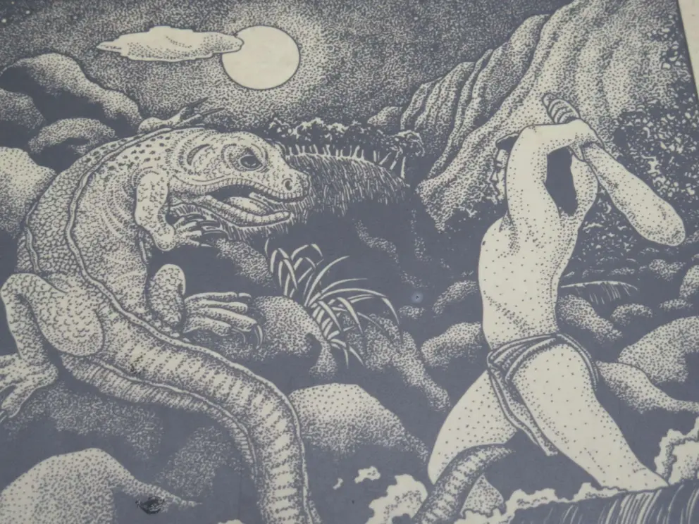 Maui, the demigod, protects his mother Hina from the mo'o, or giant lizard, that lives up the Wailuku River and sends torrents of water, logs, and other debris over the falls. 
