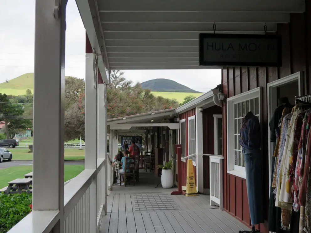 Hula Moon gift shop in Parker Square, with cute hills in the distance. 