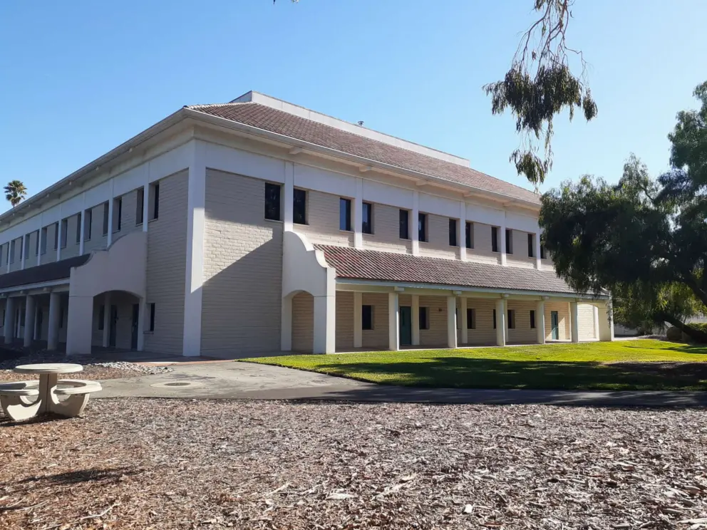 Picnic table near a building.