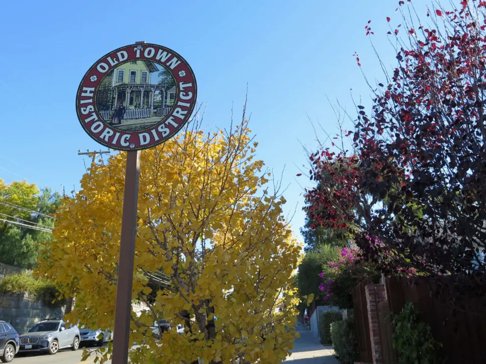 Old Town Historic District sign, and a yellow tree in December. 