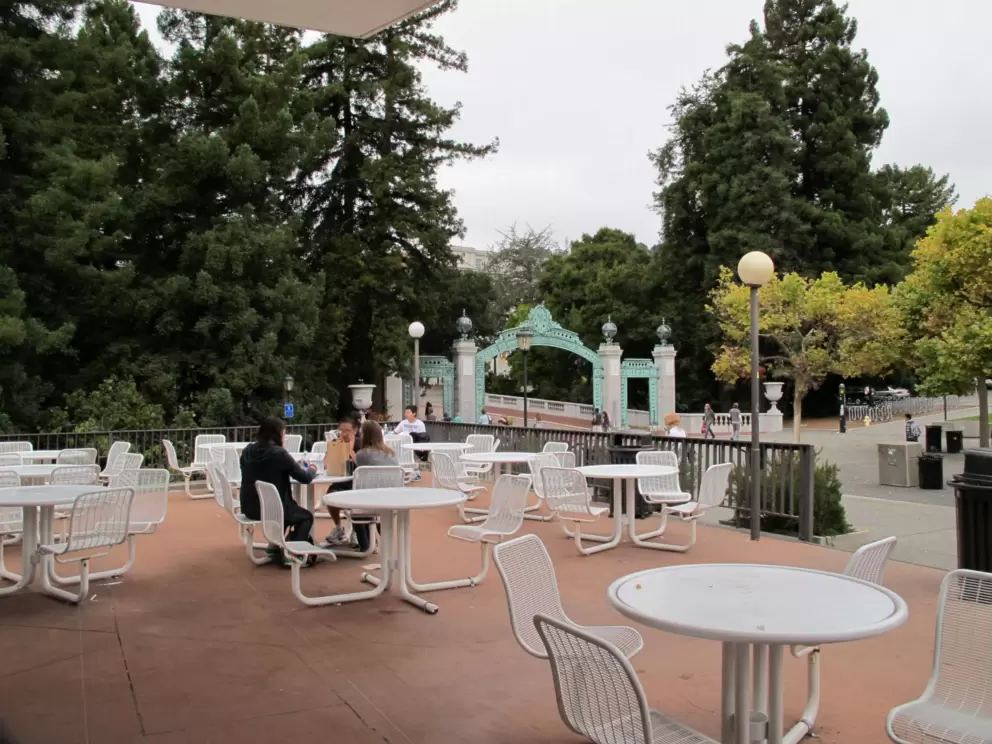 Chairs and tables outside Golden Bear Cafe.