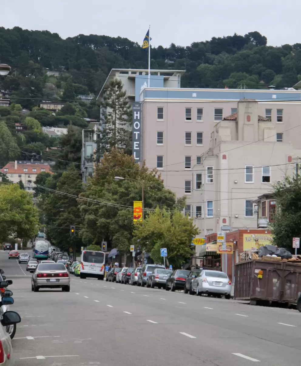 Looking toward Hotel Durant and the pretty hills above campus, from Telegraph Avenue.