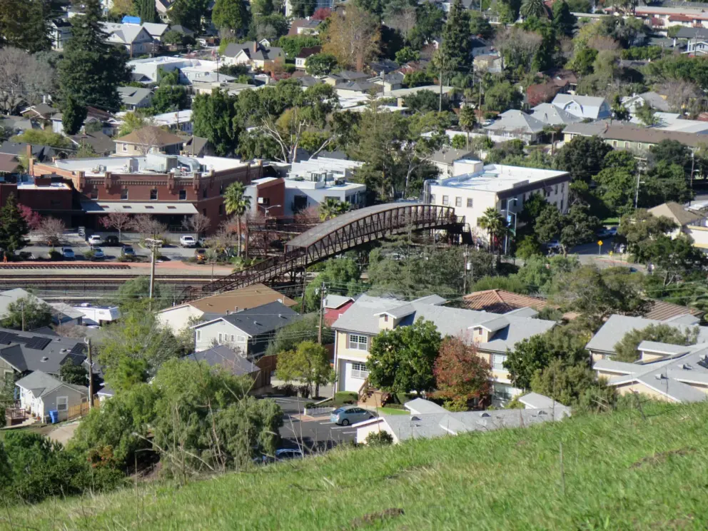 Jennifer Street Bridge, near the railroad station. You can see all the details of town from Terrace Hill. 