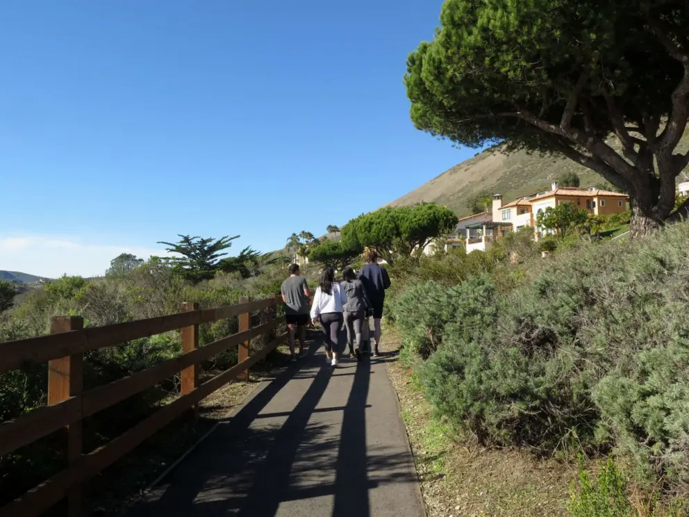 A group walks the trail. 