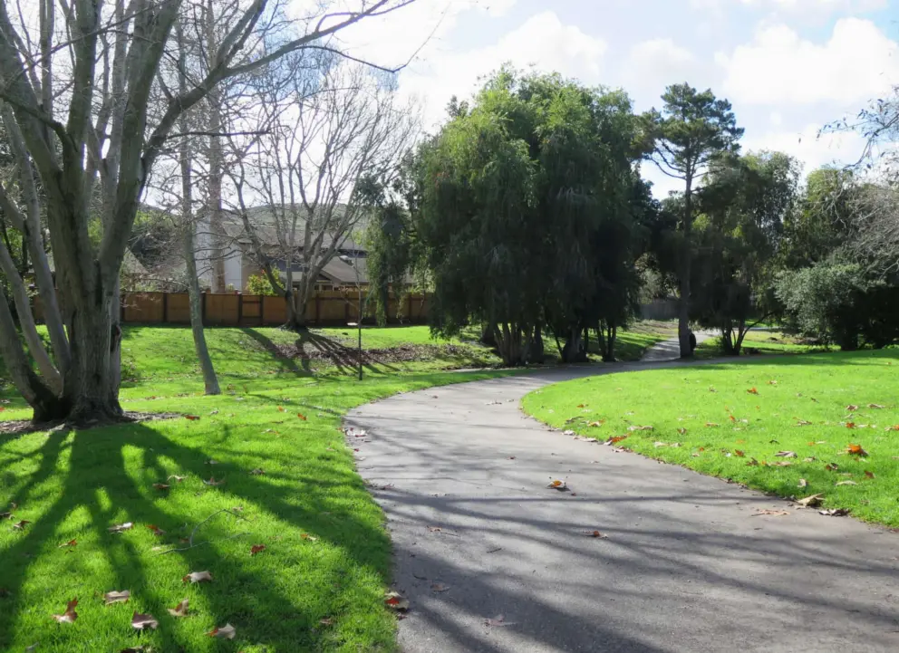 Winding path behind homes. 