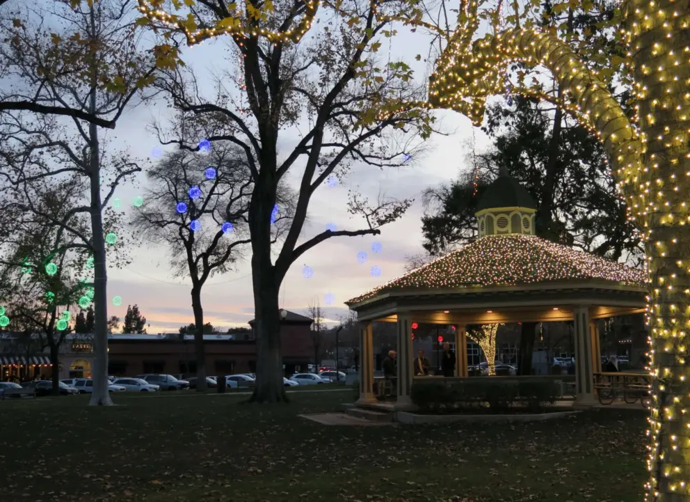 The gazebo looks pretty, and the golden tree and blue spheres!