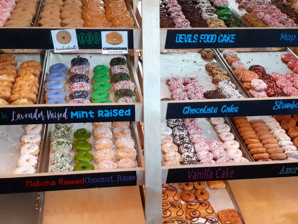 Variety of donuts at SloDoCo. I like to pick up a plain cake donut before or after my walk!
