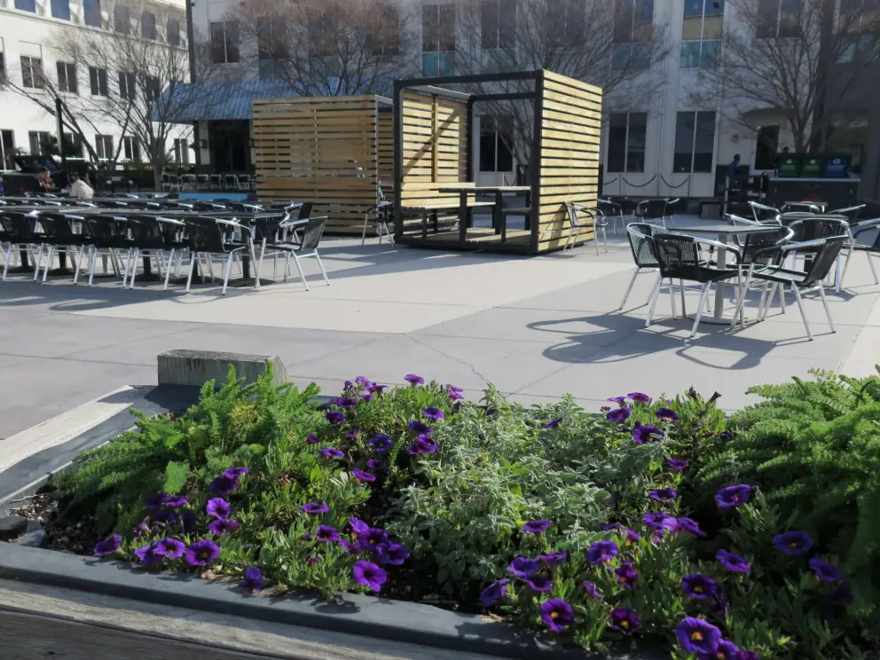 Flower boxes and outdoor seating. 