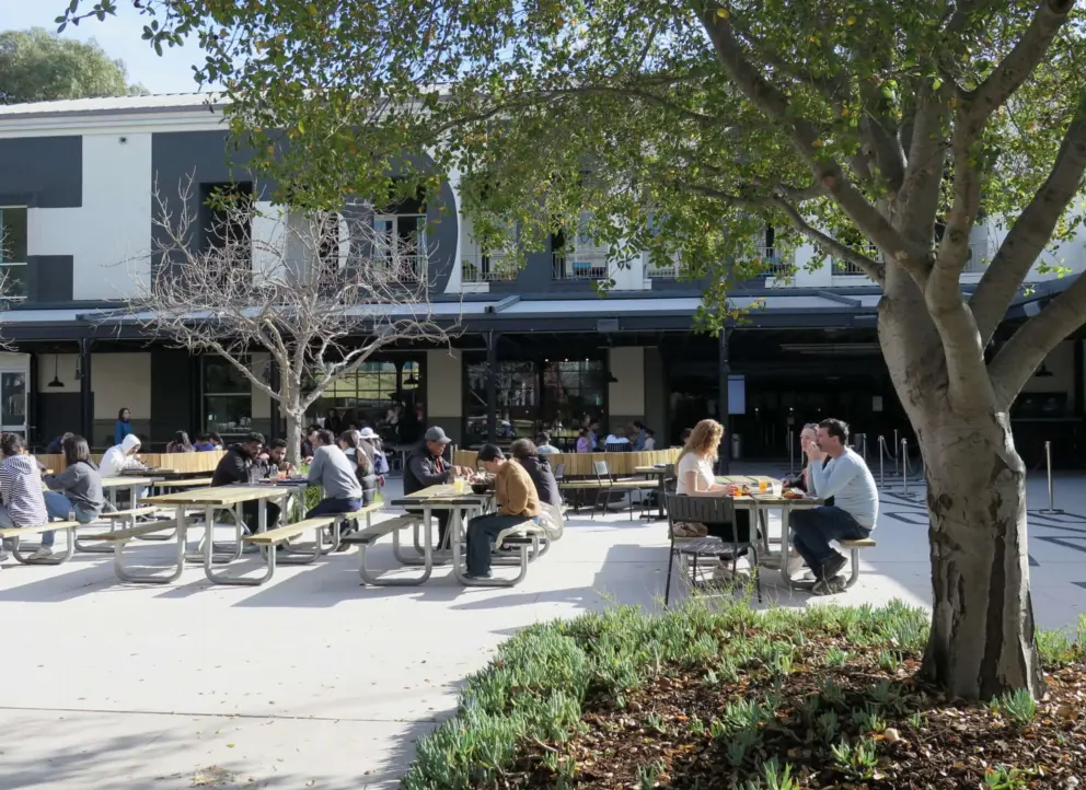 Families eating on campus during winter break. 
