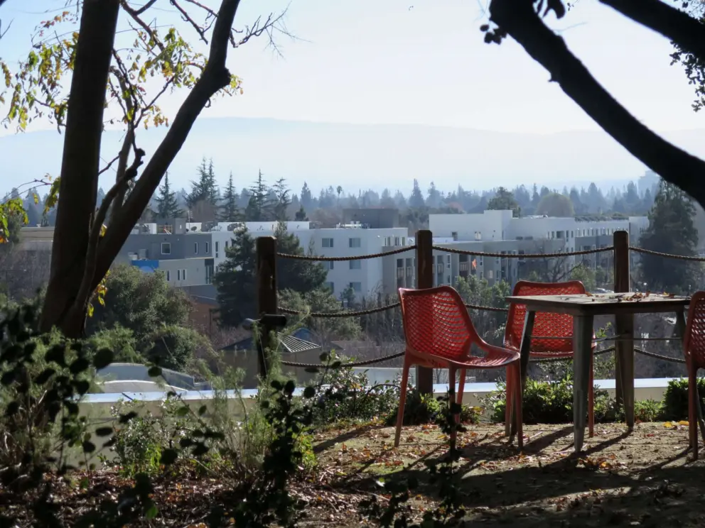 Seating on the rooftop garden of the Bayfront campus. 
