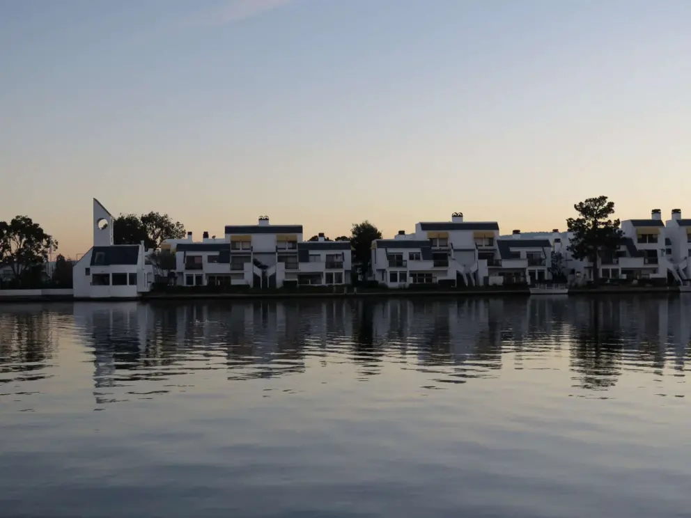 The Mediterannean-style condos across the water. 