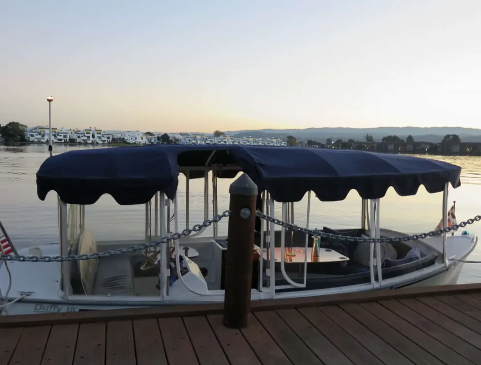 An electric boat docked at the park. 