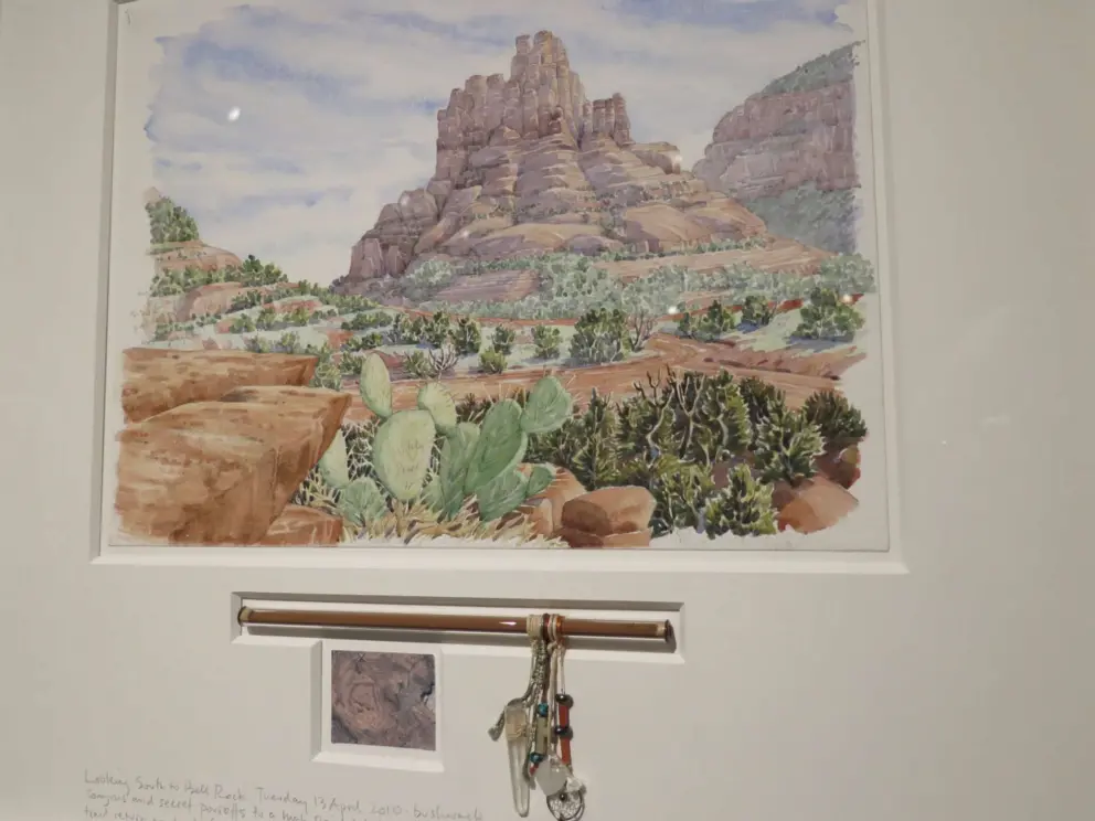 Looking South to Bell Rock. There are many things on the talisman, including a silver dreamcatcher, rose quartz, turquoise beads, marble cross, and a Tibetan knot.
