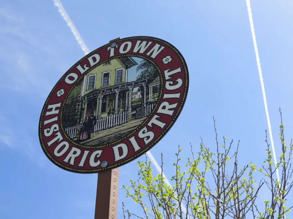 Cute illustration on Old Town Historic District sign, and yellow flowering tree. 