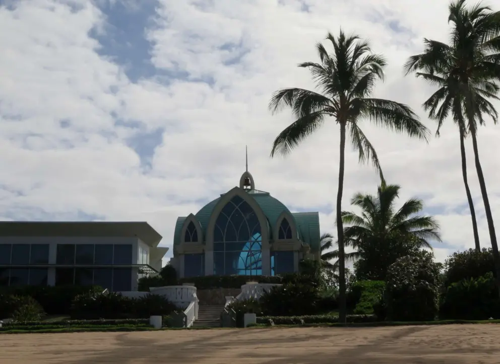 Wedding chapel with blue windows. 